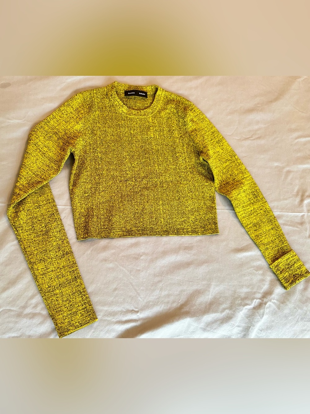 PROENZA SCHOULER Neon Yellow Marled Stretchy Thick Knit Crop Top w Long Sleeves - Picture 4 of 13